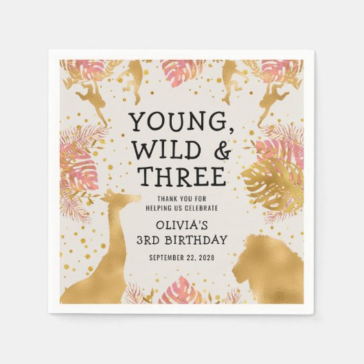 Meisjes 3rd Birthday Pink Gold Ecru Safari Servet (Voorkant)