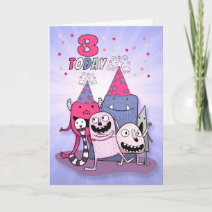 Meisjes 3rd Pink en Paarse Monster Birthday Kaart