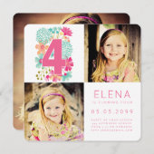Meisjes 4 4e verjaardag nummer 4 kaart (Voorkant / Achterkant)