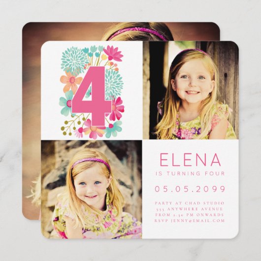 Meisjes 4 4e verjaardag nummer 4 kaart (Voorkant / Achterkant)