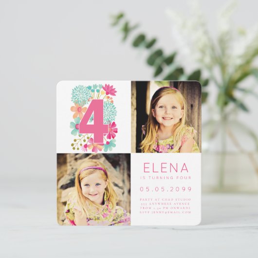 Meisjes 4 4e verjaardag nummer 4 kaart (Staand voorkant)