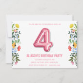 Meisjes 4e ballon verjaardagsfeest kaart (Voorkant)