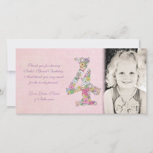 Meisjes 4e verjaardag Floral bedankt Foto (Voorkant)