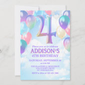 Meisjes 4e verjaardag Rainbow Balloons Uitnodiging (Voorkant)