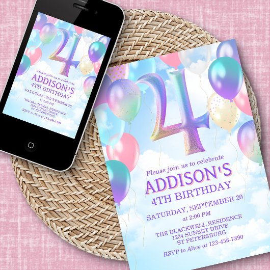 Meisjes 4e verjaardag Rainbow Balloons Uitnodiging