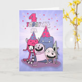 Meisjes 4e verjaardag Roze in Paarse Cartoon monst Kaart (Gele Bloem)