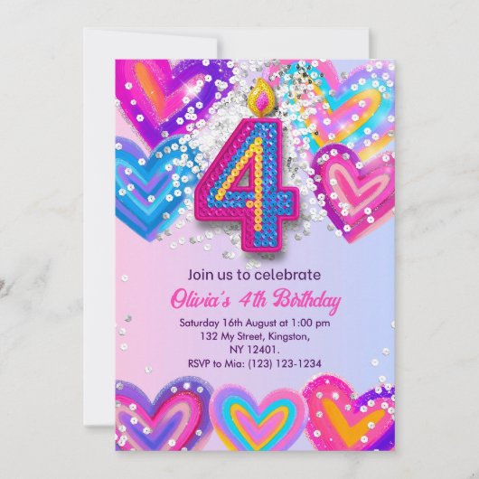 Meisjes 4e Verjaardag Uitnodiging Bewerkbaar Kleur (Voorkant)