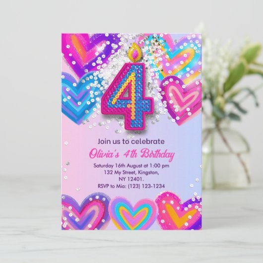 Meisjes 4e Verjaardag Uitnodiging Bewerkbaar Kleur (Staand voorkant)