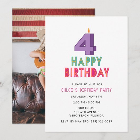 Meisje's 4e Verjaardagsfeestje Fotofeestje Kaart (Voorkant / Achterkant)