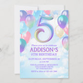 Meisjes 5e verjaardag Rainbow Balloons Uitnodiging (Voorkant)