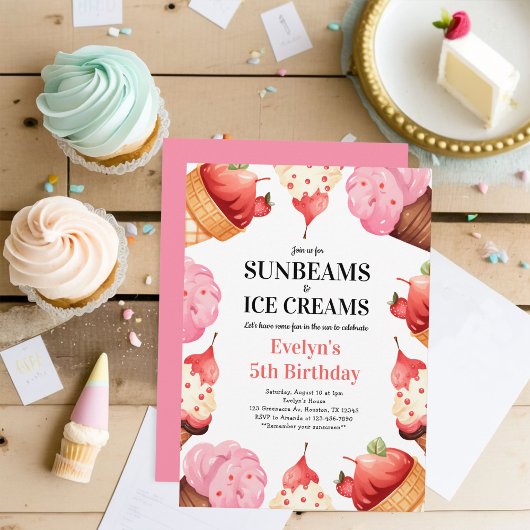 Meisjes 5e verjaardag Sunbeams & Ice Creams Party Kaart