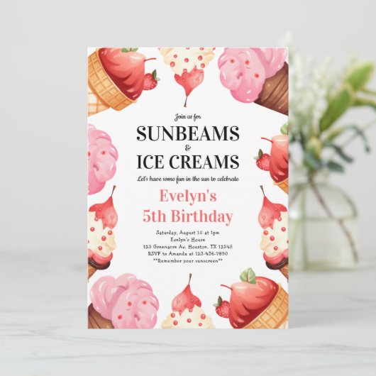Meisjes 5e verjaardag Sunbeams & Ice Creams Party Kaart (Staand voorkant)