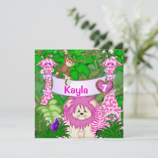 Meisjes 5th BIRTHDAY Oerwoud Uitnodiging apen (Staand voorkant)