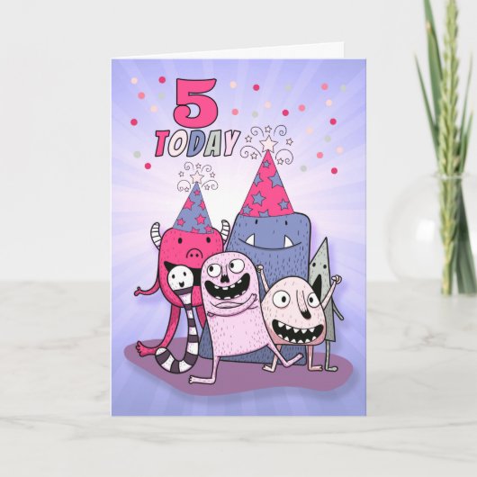 Meisjes 5th Pink en Paarse Monster Birthday Kaart (Voorkant)