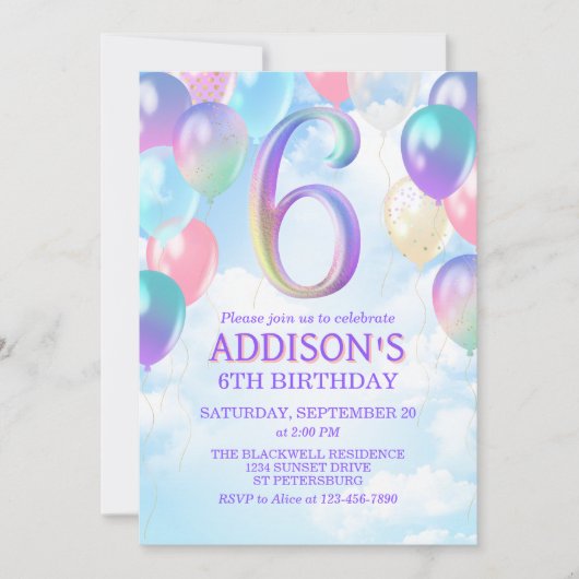 Meisjes 6e verjaardag Rainbow Balloons Uitnodiging (Voorkant)