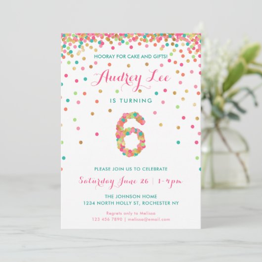 Meisjes 6e verjaardag Uitnodiging (Staand voorkant)