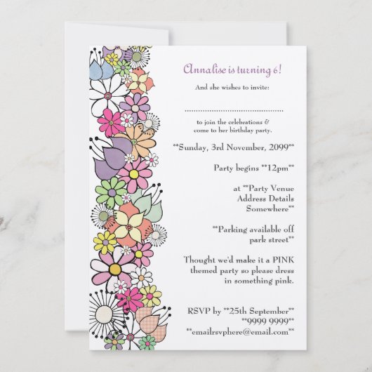 Meisjes 6th Birthday Party Custom Invitation Kaart (Achterkant)