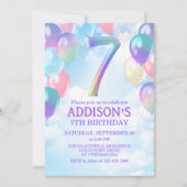 Meisjes 7e verjaardag Rainbow Balloons Uitnodiging (Voorkant)