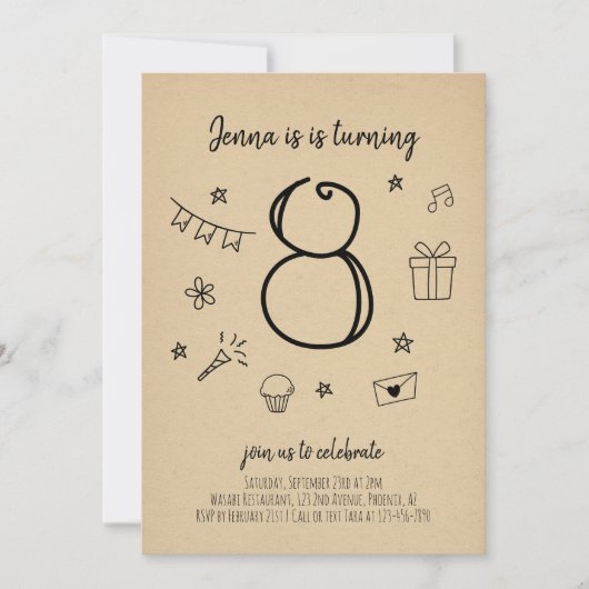 Meisjes 8e verjaardag Party uitnodiging (Voorkant)