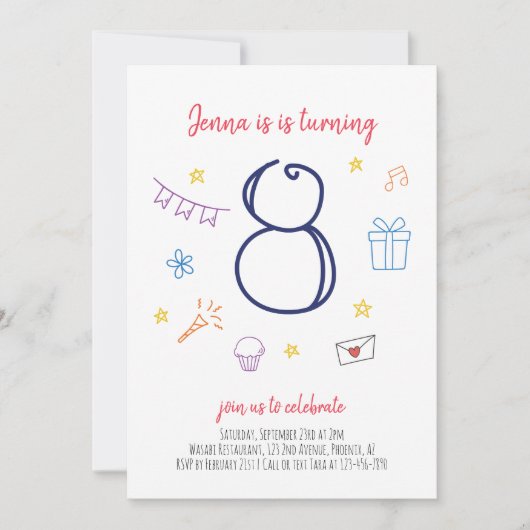 Meisjes 8e verjaardag Party uitnodiging (Voorkant)
