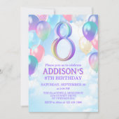 Meisjes 8e verjaardag Rainbow Balloons Uitnodiging (Voorkant)