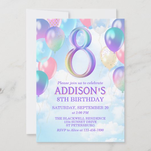 Meisjes 8e verjaardag Rainbow Balloons Uitnodiging (Voorkant)