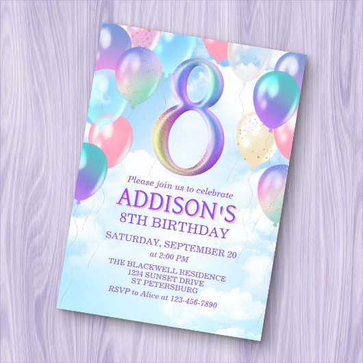 Meisjes 8e verjaardag Rainbow Balloons Uitnodiging
