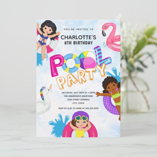 Meisjes 8e zwembad verjaardagsfeestje kaart (Staand voorkant)