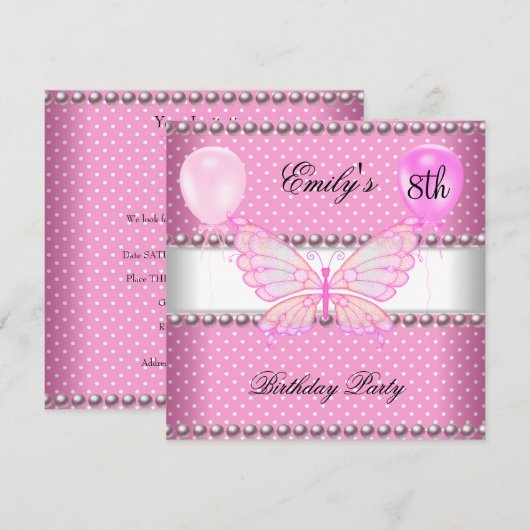 Meisjes 8th Birthday Butterfly Pearls Balloons Kaart (Voorkant / Achterkant)