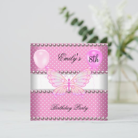 Meisjes 8th Birthday Butterfly Pearls Balloons Kaart (Staand voorkant)