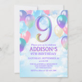 Meisjes 9e verjaardag Rainbow Balloons Uitnodiging (Voorkant)