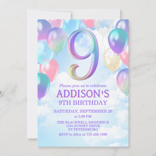 Meisjes 9e verjaardag Rainbow Balloons Uitnodiging (Voorkant)