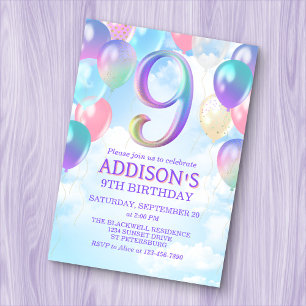 Meisjes 9e verjaardag Rainbow Balloons Uitnodiging