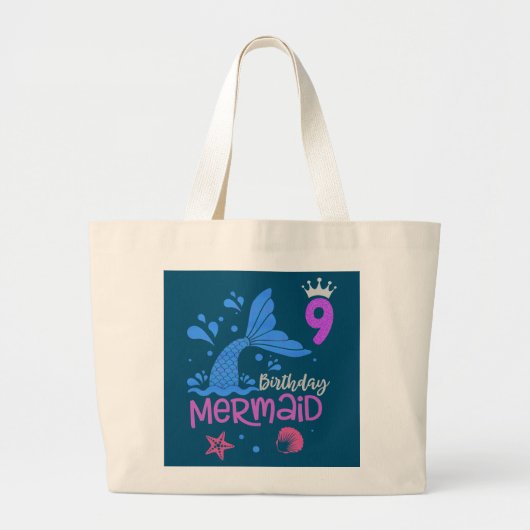Meisjes 9e verjaardag Zeemeermin 9 jaar oud cadeau Grote Tote Bag (Voorkant)