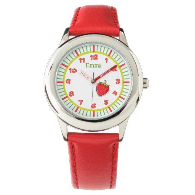 Meisjes Aangepaste naam Leuke Rode Aardbei Horloge (Voorkant)