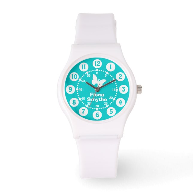 Meisjes aqua blauwgroen & wit volledige naam polsh horloge (Voorkant)