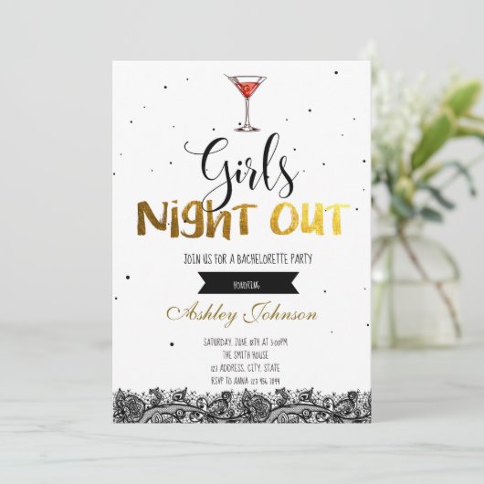 Meisjes avond uit vrijgezellenfeest uitnodiging (Staand voorkant)
