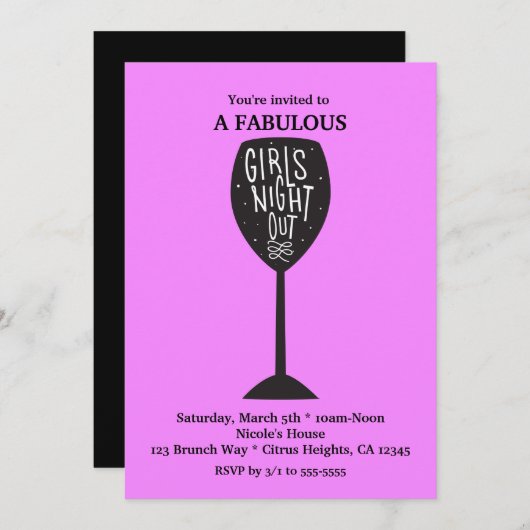 MEISJES AVOND UIT Wijnglas ELKE KLEUR Partij Kaart (Voorkant / Achterkant)