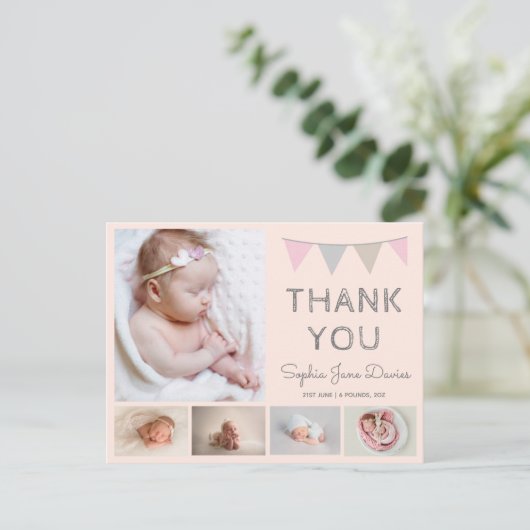 Meisjes baby dank u, roze geboorte aankondiging briefkaart (Staand voorkant)