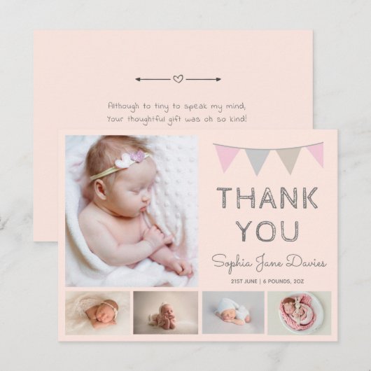 Meisjes baby dank u, roze geboorte aankondiging briefkaart (Voorkant / Achterkant)