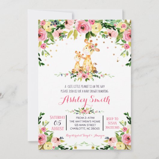 Meisjes Baby Giraffe Baby Douche Uitnodigingen (Voorkant)