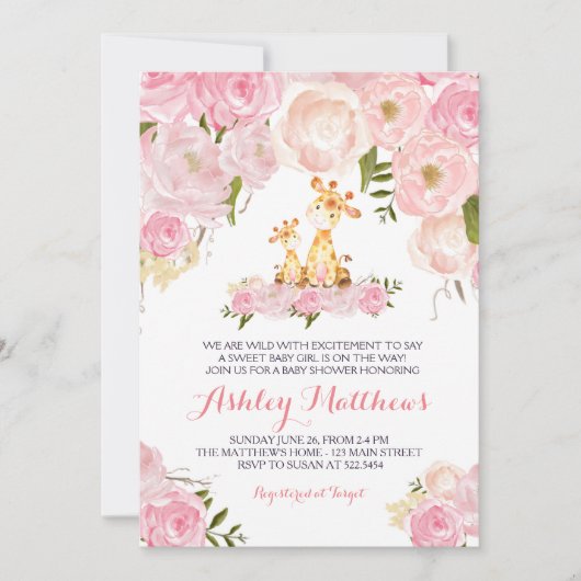 Meisjes Baby Giraffe Baby Douche Uitnodigingen (Voorkant)