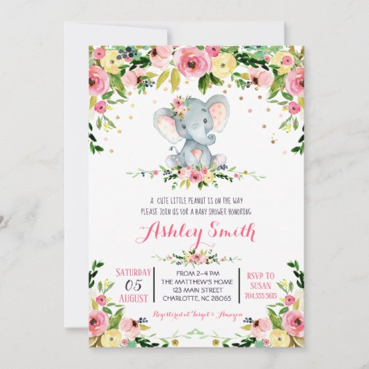 Meisjes Baby Olifant Baby Shower Uitnodigingen (Voorkant)