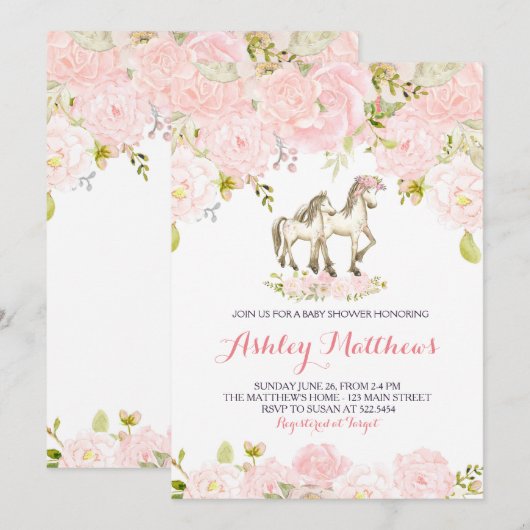 Meisjes Baby paard Baby Douche Uitnodigingen (Voorkant / Achterkant)