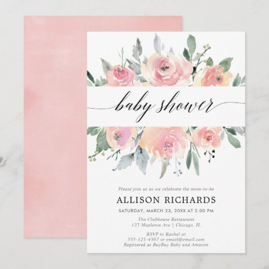 Meisjes baby shower, elegante, lichtroze florale b kaart (Voorkant / Achterkant)