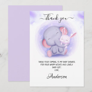 Meisjes Baby shower met olifanten en Baby konijnen Bedankkaart