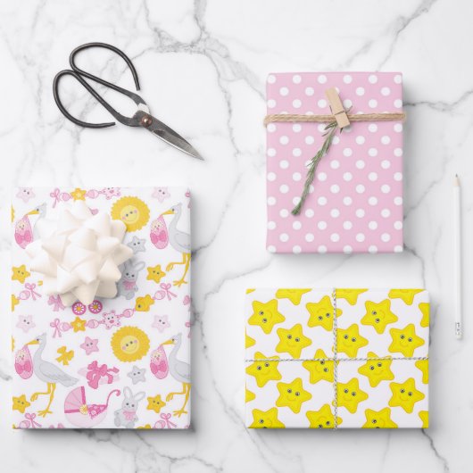 Meisjes Baby shower-overlooppapierset van 3 Inpakpapier Vel (Voorkant)