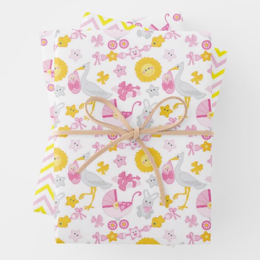 Meisjes Baby shower-overlooppapierset van 3 Inpakpapier Vel (In situ)