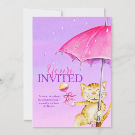 Meisjes baby shower paraplu grillige kattenuitnodi kaart (Voorkant)