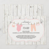 Meisjes Baby shower uitnodiging | rustieke waslijn (Voorkant / Achterkant)